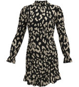 YOZY Women Leopard Print Mock Neck Ruched Ruffle Mini Dress Black Cream Small Photo 0