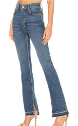 Free People Emmy Split Hem Boot Cut Jeans Size 31 Blue High Rise Raw Hem Boho Photo 0