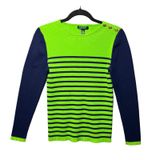 Lauren Ralph Lauren Lime Green Navy Striped Ribbed Sweater Gold Button L Photo 0