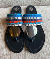 Tory Burch Women's Patos Sport Blue Silver Disk Thong Sandals Flip Flops Photo 0