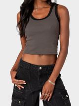 Edikted Alix Lacey Ribbed‎ Gray Scoop Crop Black Lace Trim Tank Top Photo 0