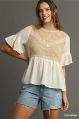 ✨NWT Umgee Floral‎ Lace Trimmed Detail Half Sleeve Babydoll Top Photo 0