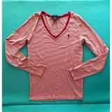 Ralph Lauren Sport Women’s Pink/White Striped V-Neck Logo Top Long Sleeve M Photo 0