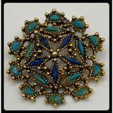 Unbranded Filigree Flower Brooch Women Small Gold Blue Turquoise Enamel Vintage Photo 0
