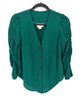 Maeve Anthropologie Emerald Green Jacquard Ruched Puff Sleeve Blouse Size 0 Photo 0