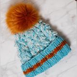Free People Happy‎ Trails Beanie Winter Hat Blue Brown Puff Faux Fur Photo 0