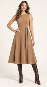 Calvin Klein NWT Sleeveless Belted Faux Suede Fit & Flare Midi Dress - tan Photo 0