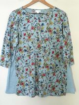 J Jill 100% Cotton Blue Floral 3/4 Sleeve Tunic Round Neck Lagenlook Classic Photo 0