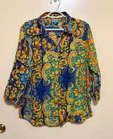 Vibrant Paisley Button-Down Shirt in Blue & Yellow - Women’s Classic Collar Photo 0