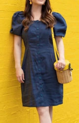 Rachel Parcell Square Neck Button Front Puff Sleeve Linen Dress Dark Blue XS Photo 0