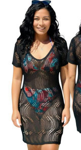 Alexa & Stella Black Crochet Mesh Swim Cover-Up Dress L Beachy Summerdress Chic Photo 0