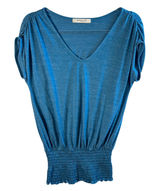 Astrologie California Smocked Waist Top V-Neck‎ Dolman Sleeve Blue Teal Blouse S Photo 0