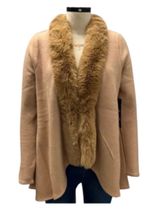 Adrienne Landau Camel Faux Fur Trim Open-Front Cardigan Photo 0