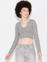 Wild Fable Womens Seamless Long Sleeve Notched Neck Ribbed Crop Top Gray M Photo 0