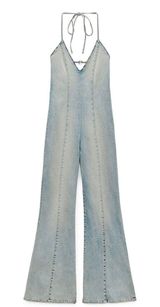 ZARA NWT Denim Jumpsuit. Super Cute And Flattering. Small “ B “ Crystal Do You Represent Barbie But Easily Can Be Taken Off And Not Noticeable Photo 0