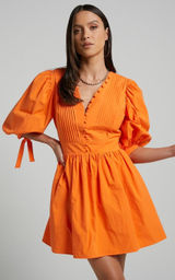 Showpo Zandra Mini Dress Size 8 Orange Puff Sleeve Cotton Poplin Vibrant Bright Photo 0