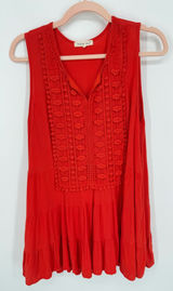 Indigo Soul Women's Large Red/Orange Sleeveless Crochet Trim Tiered Top Boho Photo 0