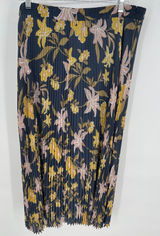 LOFT Pleated Maxi‎ Skirt XL Dusty Blue Yellow Floral Elastic Waist Accordion Photo 0
