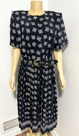 Leslie Fay Vintage Navy Blue Geometric Dot Pleated Midi Dress with Belt Size 14W Photo 0