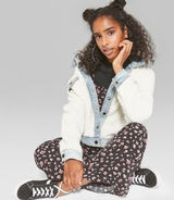 Wild Fable‎ Womens Juniors Jacket Size Large Solid Sherpa Faux Fur Denim NEW Photo 0