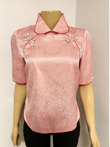 VTG ASIAN Pink Satin Jacquard Frog Button Blouse Red Piping Mandarin Collar Top Photo 0