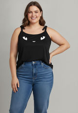 BloomChic Black Plus Size Tank Top with Cute Face Print Photo 0