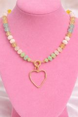 18k gold filled beaded gemstone necklace with hammered gold heart Photo 0