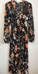 Bellambra Black Floral Sheer Maxi Dress Sz L Button‎ Front V Neck Made in Italy Photo 0