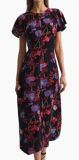 NWOT REISS Leni Floral Flutter Sleeve Midi Dress Black Size 2 Photo 0