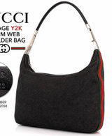 Gucci Vintage Y2K Black Denim Web Stripe Shoulder Hobo Bag Zip Top Silver Hardwa Photo 0