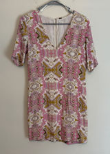 Free People Mini Tunic Dress Sz Medium Pink Printed Short Sleeve V-neck Lined Photo 0