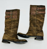 Nine West Taupe Brown Suede Tumble Tall Riding Boots Sz 9 Double Buckle Photo 0