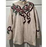 Vntg Talbots Christmas Holly Poinsettia Sweater Womens XL Bow Ivory Knit By Hand Photo 0