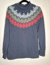 L.L. Bean Fair Isle Sweater Large Blue Cotton Mock‎ Neck Nordic Cottagecore Photo 0