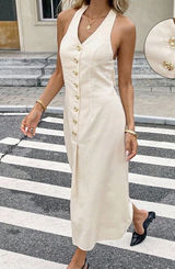 SHEIN Cream Halter Midi Dress Gold Button Detail Open Back Size M NWOT Photo 0