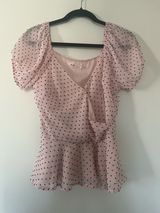 Pink Black Polka Dot Coquette Blouse Small Puff Sleeve Peplum Top Romantic Photo 0
