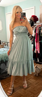 Eyelet Maxi‎ Dress Strapless Ruffle Trim Smocked Blue Dress Size M Photo 0