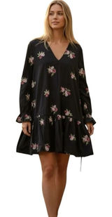ASOS Women's Floral Embroidered Drop Waist Mini Dress Size 10 Black Boho Chic Photo 0
