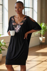 C Graffitti Sequin Cold‎ Shoulder Black Tunic Dress XL V Neck Dolman Sleeve Photo 0