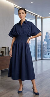 Quince Stretch Cotton Poplin Pleated Midi Shirt Dress Deep Navy Womens Size S Photo 0
