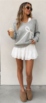 American Eagle Heather Grey Coquette Bow V-Neck Sweater Womens Size Large New Photo 0