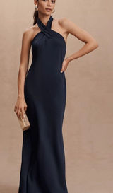 BHLDN Anthropologie Ruby Twist Halter Satin Maxi Gown Navy Blue Size 0 / XS Photo 0