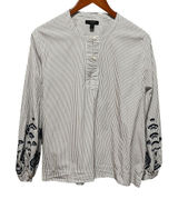 J Crew Womens Peasant Boho Cottage Top L Stripe Embroidered‎ Tie Back Parisian Photo 0