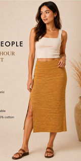 Free People Golden Hour Midi Skirt Small Golden Brown Ribbed Knit Side Slit Photo 0