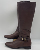 Talbots Womens 7AA Riding Boots Tall Brown Pebbled‎ Leather Gold Buckle Full Zip Photo 0