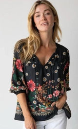 Natural Life Top Womens XL Maribel Mushroom Print Hippie Boho Black Floral Tunic Photo 0