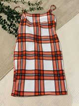 Almost Famous Orange & White Plaid Bodycon Slip Mini Dress - Size Small Photo 0
