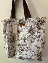 NEW Laura Ashley Brown Floral Toile Print Cotton Canvas Tote Bag Photo 0