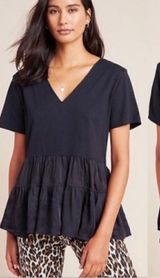 Anthropologie Maeve Black V-neck Louisa Tiered Peasant Babydoll Tee Shirt Top XS Photo 0