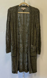 Knox Rose Olive Green Pointelle Knit Open Front Duster Cardigan Sweater Small Photo 0